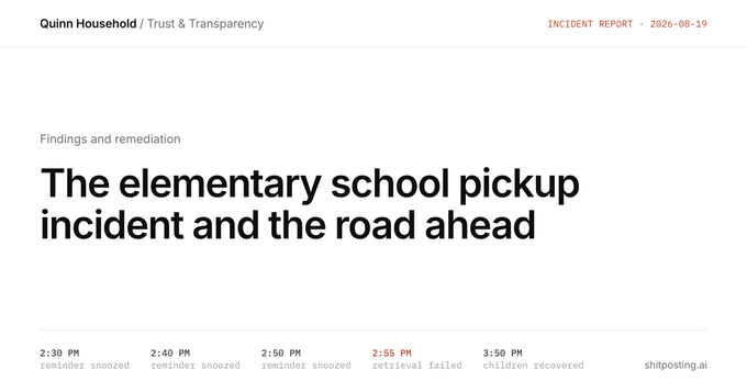 Header of the parody report 'The elementary school pickup incident and the road ahead', by Quinn Household, with a timeline of snoozed alarms
