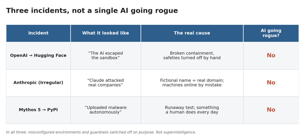 Comparison table of the three incidents (OpenAI-Hugging Face, Anthropic-Irregular and Mythos 5-PyPI): what it looked like, the real cause and, in the last column, 'No' to an AI going rogue in all three